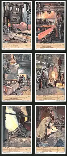 6 Sammelbilder Liebig, Serie Nr.: 1369, in de Staalfabriek, Hoogoven, Thomas Convertor, Electrostaal, Walswerk, Smeedper