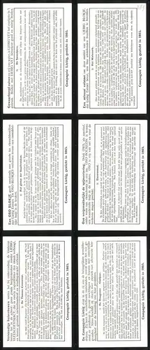 6 Sammelbilder Liebig, Serie Nr.: 1369, in de Staalfabriek, Hoogoven, Thomas Convertor, Electrostaal, Walswerk, Smeedper