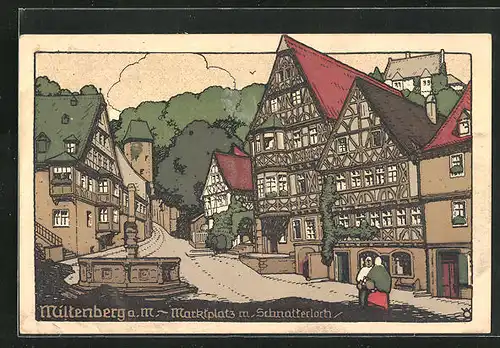 Steindruck-AK Miltenberg a. M., Marktplatz m. Schnatterloch und Brunnen