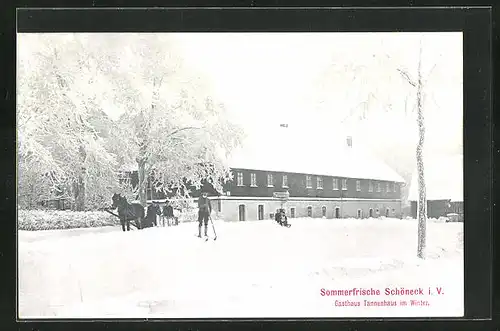 AK Schöneck i. V., Gasthaus Tannenhaus und Pferdeschlitten im Winter