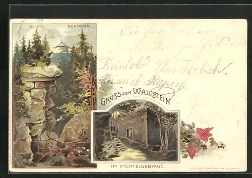 Lithographie Zell im Fichtelgebirge, Gasthaus Waldstein bei Mondschein, Schüssel