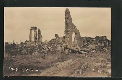 Foto-AK Haisnes, L`Eglise, zerstörte Kirche