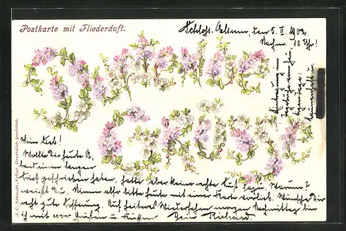 Duft-AK Schriftzug aus Flieder mit Duft