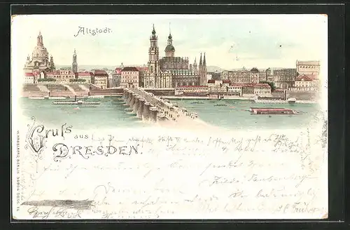 Lithographie Dresden, Altstadt aus der Vogelschau, Dampfer, Halt gegen das Licht: Lichter beginnen zu leuchten