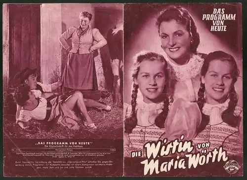 Filmprogramm Programm von Heute, Die Wirtin von Maria Wörth, Jutta u. Isa Günther, Maria Andergast, Regie: E. v. Borsody
