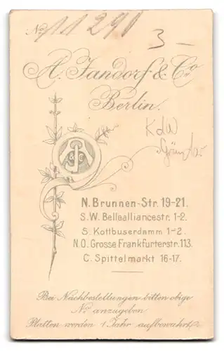 Fotografie A. Jandorf & Co., Berlin, Spittelmarkt 16-17, Portrait Knabe mit Mütze vor idyllischer Studiokulisse