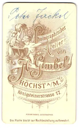 Fotografie H. Gimbel, Höchst /Main, Königsteinerstr. 17, rück. Engel als Porträtmaler, Kamera, vord. Portrait Mann
