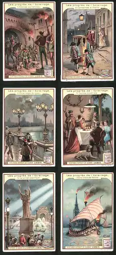 6 Sammelbilder Liebig, Serie Nr. 591: Les progrés de l`Eclairage, Schiff, Statue, Fontaine, Nacht