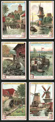 6 Sammelbilder Liebig, Serie Nr. 826: Belgische Säge-u. Mahlmühle, Windmühle, Strommühle, Schlossmühle