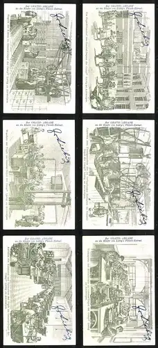 6 Sammelbilder Liebig, Serie Nr. 826: Belgische Säge-u. Mahlmühle, Windmühle, Strommühle, Schlossmühle