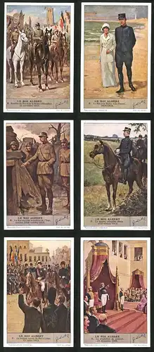 6 Sammelbilder Liebig, Serie Nr. 1342a: Le Roi Albert, Krieg, Soldaten, König, Strand, Pferde
