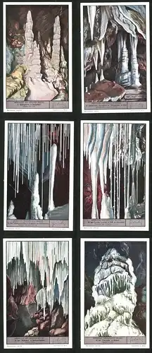 6 Sammelbilder Liebig, Serie Nr. 1361: Merveilles des Grottes Belges, La Cascade á Dinant, Stalagmites á Rochefort