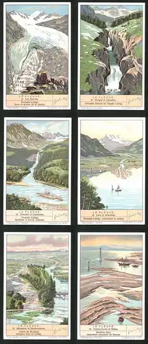 6 Sammelbilder Liebig, Serie Nr. 1376: Le Fleuve, Embouchures et Deltas, Méandres et Déplacements