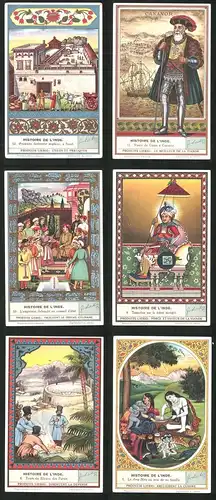 6 Sammelbilder Liebig, Serie Nr. 1126: Histoire de l`Inde, Tamerlan sur le trôme mongol, Vasco de Gama á Cananor