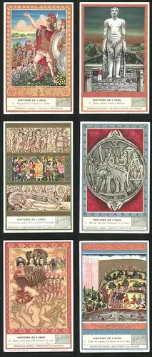 6 Sammelbilder Liebig, Serie Nr. 1127: Histoire de L`Inde, Alexandre le Grand sur l`Indus, Statue géante Jaina á Madras