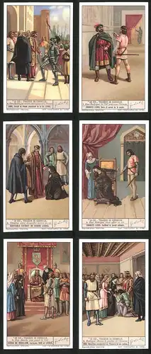 6 Sammelbilder Liebig, Serie Nr. 1369: Le Cid Tragédie de Corneille, Don Rodrigue, König, Volk