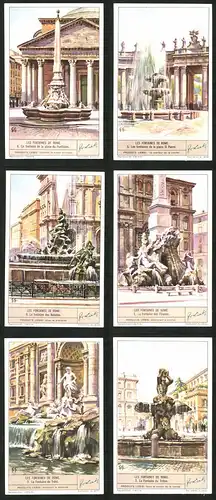 6 Sammelbilder Liebig, Serie Nr. 1353: Les Fontaines de Rome, La Fontaine du Triton, La Fontaine de Trévi