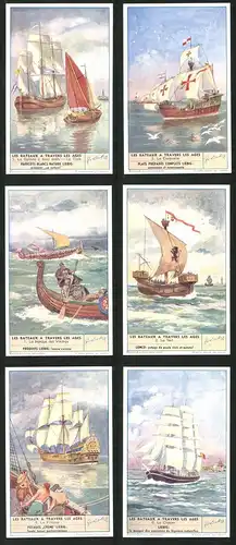 6 Sammelbilder Liebig, Serie Nr. 1386: Les Bateaux a Traves les Ages, Le Clipper, La Pinasse, La Nef, La Caravelle