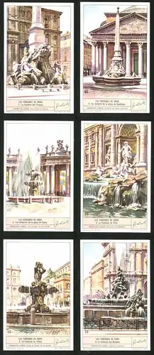 6 Sammelbilder Liebig, Serie Nr. 1376: Les Fontaines de Rome, La Fontaine des Naiades, La Fontaine du Triton