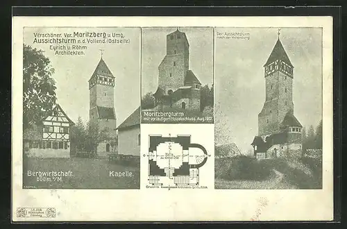 AK Moritzberg, Bergwirtschaft und Kapelle mit Aussichtsturm nach der Vollend. Ostseite, Moritzbergturm