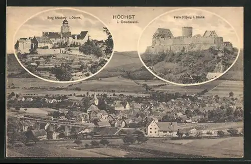 AK Höchst i. Odenwald, Ortsansichten mit Burg Brauberg und Veste Otzberg