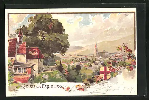 Künstler-Lithographie Freiburg, Blick auf den Ort und Wappen