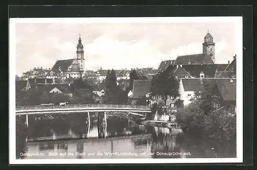 AK Donauwörth, Blick auf die Stadt und die Wörnitzmündung von der Donaubrücke aus