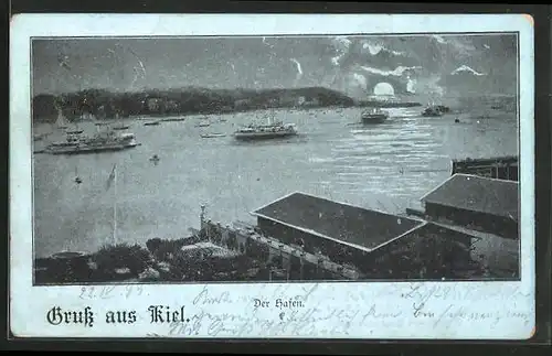 Mondschein-AK Kiel, Der Hafen bei Nacht