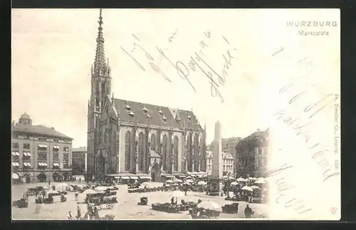 AK Würzburg, Marktplatz mit Kirche und Denkmal