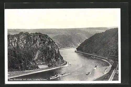 AK St. Goarshausen, Das Rheintal mit dem Loreleyfelsen und Dampfer