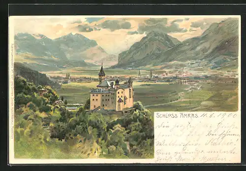 Lithographie Amras, Schloss mit Blick zum Ort