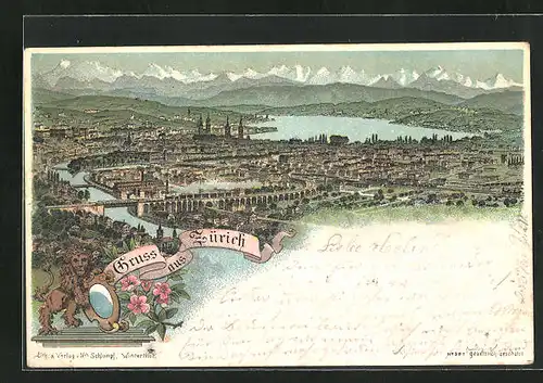 Lithographie Zürich, Gesamtansicht mit Zürichsee und Alpen