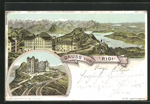 Lithographie Rigi, Ortsansicht mit Vierwaldstätter See, Bergbahn