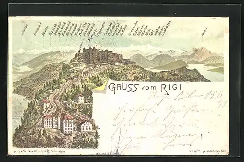 Lithographie Rigi, Ortspartie mit Bergpanorama