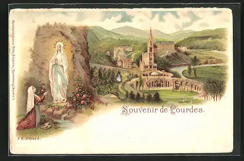 Lithographie Lourdes, Heilige Maria, Ortsansicht mit Kirche