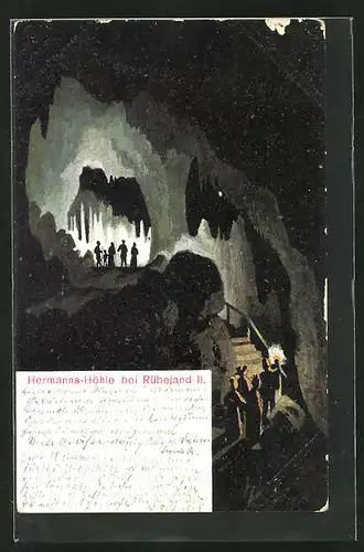 Künstler-AK Rübeland, Hermanns-Höhle mit Besuchern