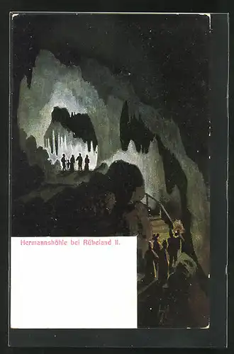 Künstler-AK Rübeland, Hermannshöhle mit Besuchern