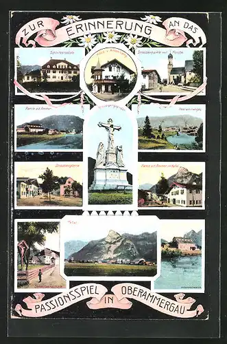 AK Oberammergau, Passionsspiel, Schnitzerschule, Haus von Anton Lang, Partie an der Ammer mit Kofel