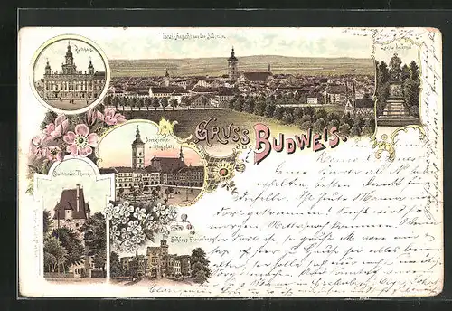 Lithographie Budweis / Ceske Budejovice, Domkirche & Ringplatz, Rathaus, Schloss Frauenberg