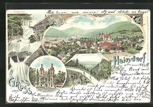 Lithographie Haindorf / Hejnice, Kirche, Stolpichstrasse, Stolpichfall