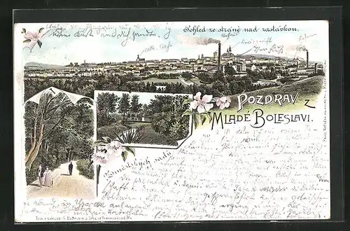 Lithographie Jung Bunzlau / Mlada Boleslav, Alleestrasse, Gesamtansicht, Brücke im Park