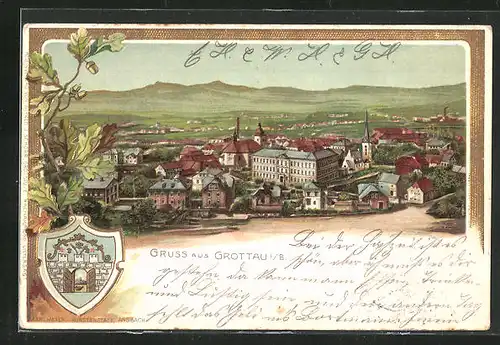 Lithographie Grottau / Hradek Nad Nisou, Stadtpanorama und Stadtwappen