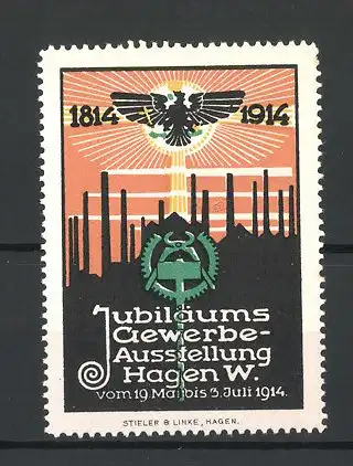 Reklamemarke Hagen i. W., Jubiläums- und Gewerbe-Ausstellung 1914, Fabrikansicht und Adler