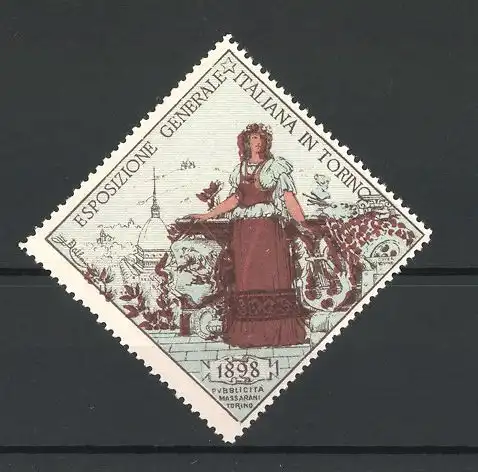 Reklamemarke Torino, Esposizione Generale d'Italiana 1898, Frau mit Lyra am Ortsrand stehend