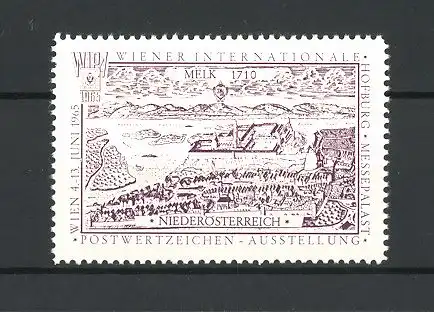 Reklamemarke Wien, Internationale Postwertzeichen-Ausstellung 1965, Ansicht von Niederösterreich mit Melk um 1710