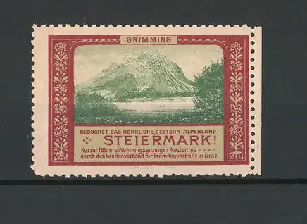 Reklamemarke Grimming, Landschaftsbild mit See und Gebirge, Besuchet die Steiermark