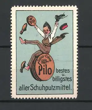 Reklamemarke Pilo ist bestes & billigstes aller Schuhputzmittel, Mann reitet auf einer Schuhcreme-Dose