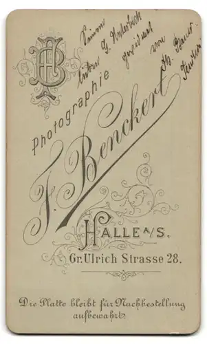 Fotografie F. Benckert, Halle a /S., Gr. Ulrich Strasse 28, Portrait eleganter Herr mit Oberlippenbart