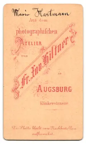 Fotografie Fr. Xno. Hiltner, Augsburg, Klinkerstrasse, nette bürgerliche Dame mit Haube