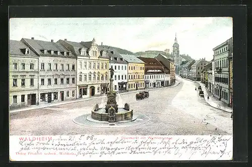 AK Waldheim, Obermarkt-Strasse mit Wettinbrunnen